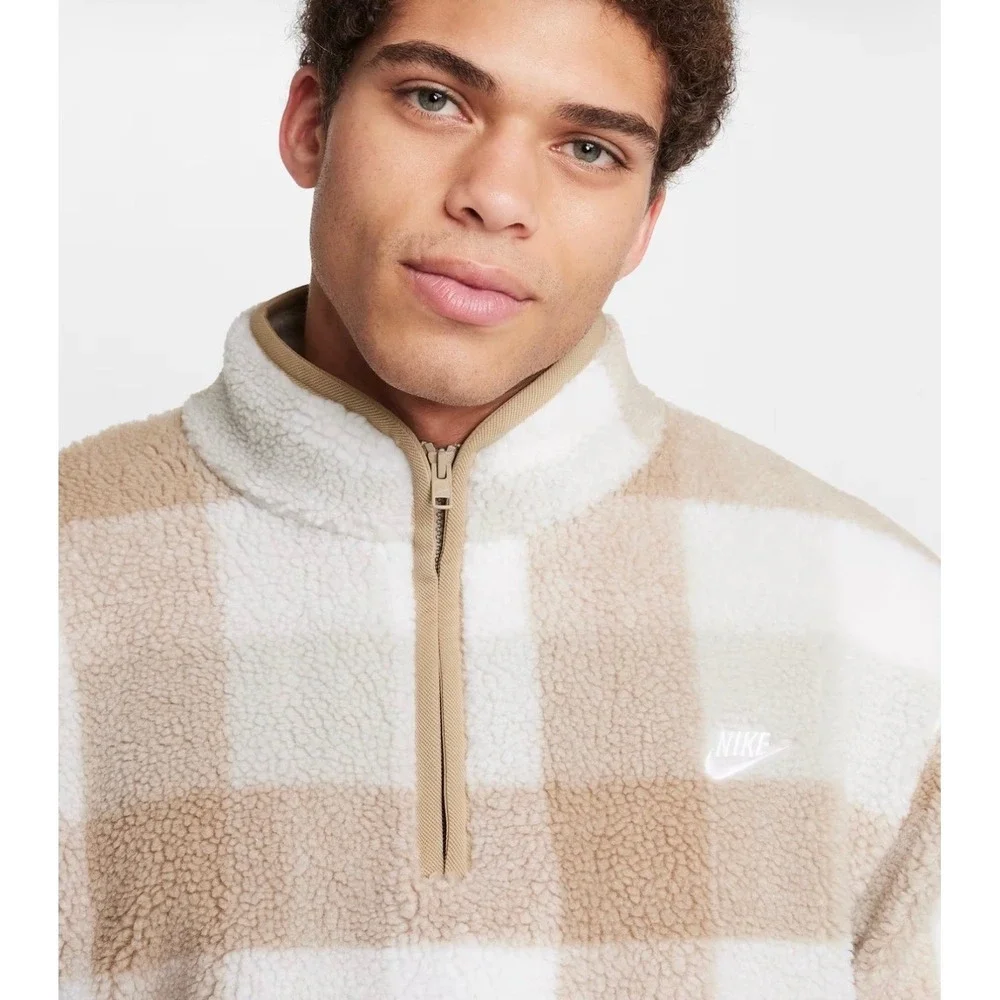 Nike Mens Sportswear Club Fleece Plaid Quarter Zip Pullover Khaki Large NEW